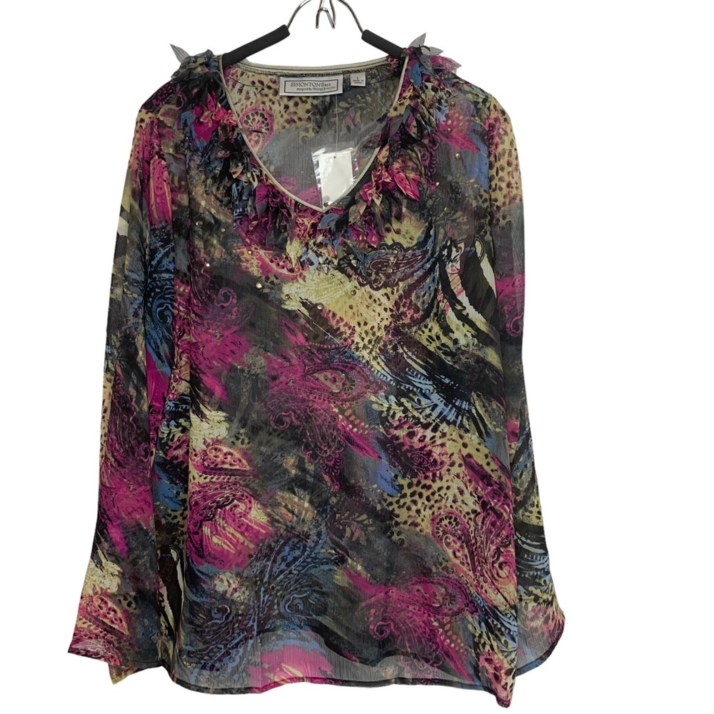 SIMONTON SAYS Paisley Animal Print Popover Top Sz L - Picture 3 of 11